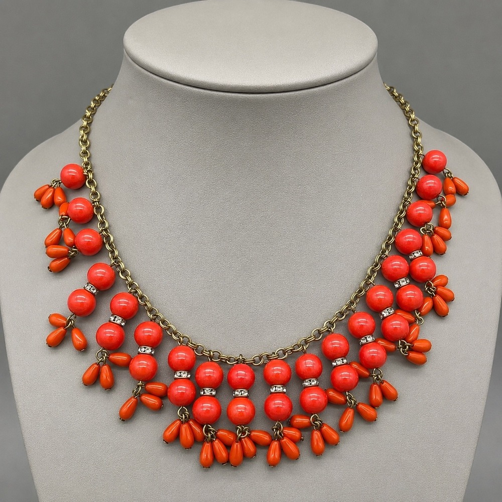 J.Crew Necklace Coral Orange Beaded‎ Rhinestone Bib Statement Gold Tone 18: